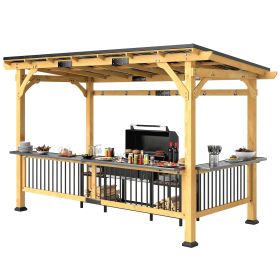 Outsunny 13' x 6' Wooden BBQ Grill Gazebo, Outdoor Hardtop Grill Gazebo with Metal Roof, 2 Bar Shelves and 6 Hooks, Natural