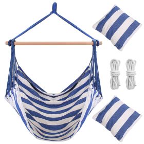 Hammock Hanging Chair Canvas Porch Patio Swing Seat Portable Camping Rope Seat Wooden Stick Hammock Chair with 2 Pillows 265LBS Load-bearing (Option: HangHammockChair Blue)