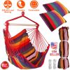 Hammock Hanging Chair Canvas Porch Patio Swing Seat Portable Camping Rope Seat Wooden Stick Hammock Chair with 2 Pillows 265LBS Load-bearing